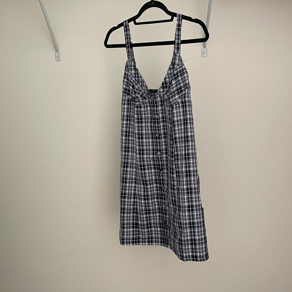 Lulu's Navy and White Plaid Button-Front Slip Dress